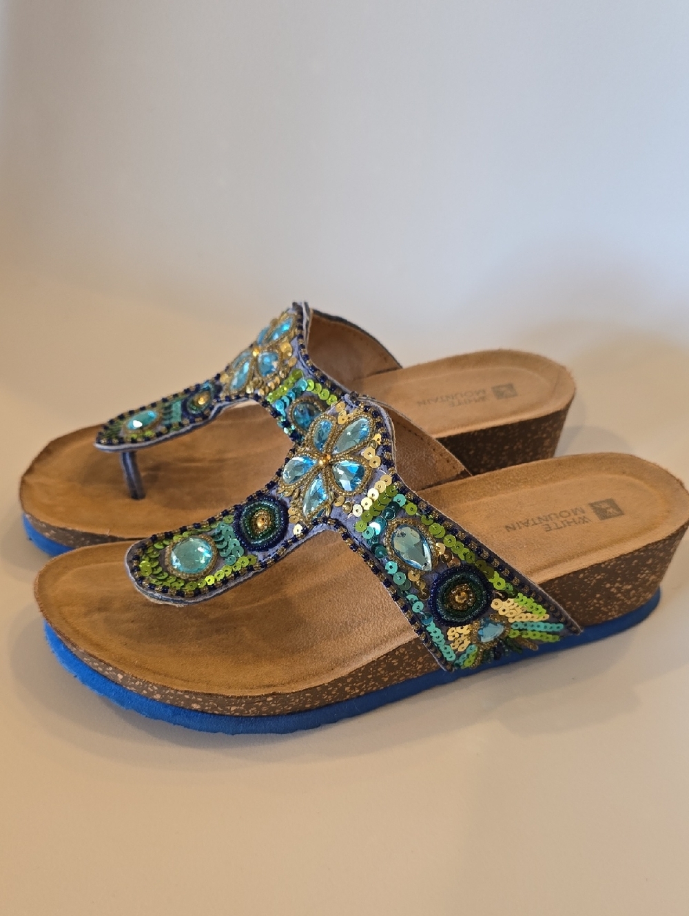 White Mountain " Bluejay" Beaded Wedge Thong Boho Design Women's Sandals - Picture 2 of 10